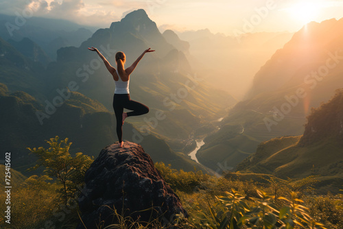 Woman in a yoga pose in the mountains