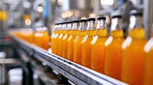 Factory interior of beverage, Production line of manufacturing and packaging juice products, Close up, Glass bottles with screw caps standing on a conveyor belt.