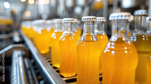 Factory interior of beverage, Production line of manufacturing and packaging juice products, Close up, Glass bottles with screw caps standing on a conveyor belt. photo