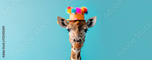 Adorable Giraffe Wearing a Playful Clown Hat, Radiating Cuteness and Cheer Against a Vibrant Blue Background, Adding a Splash of Joy to the Scene.  Place for text
