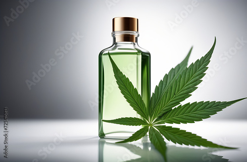 CBD oil in a bottle with a cannabis leaf on a white background. Concept of using cannabidiol and hemp oil in cosmetology and dermatology.