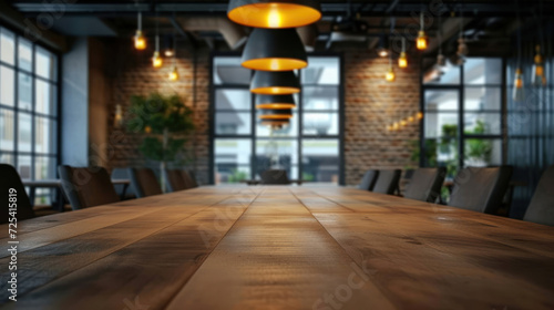Empty wooden conference meeting table on the background of a office in loft style.