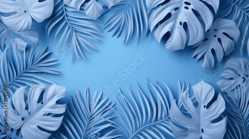Tropical Monstera and Palm Leaves on Blue Background