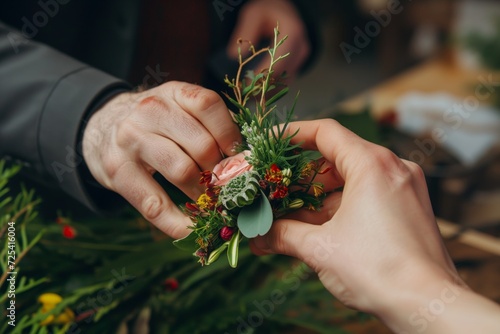 hands of a florist crafting a custom boutonniere with seasonal blooms