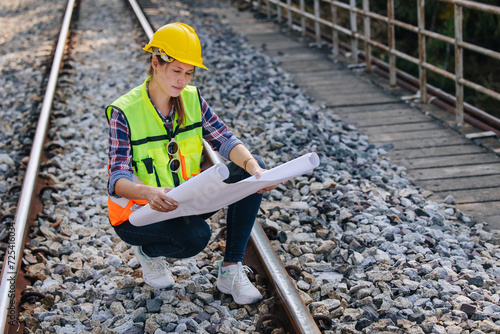 Engineer railway tracks construction service team working on site survey checking and maintenance inspection train track for safety