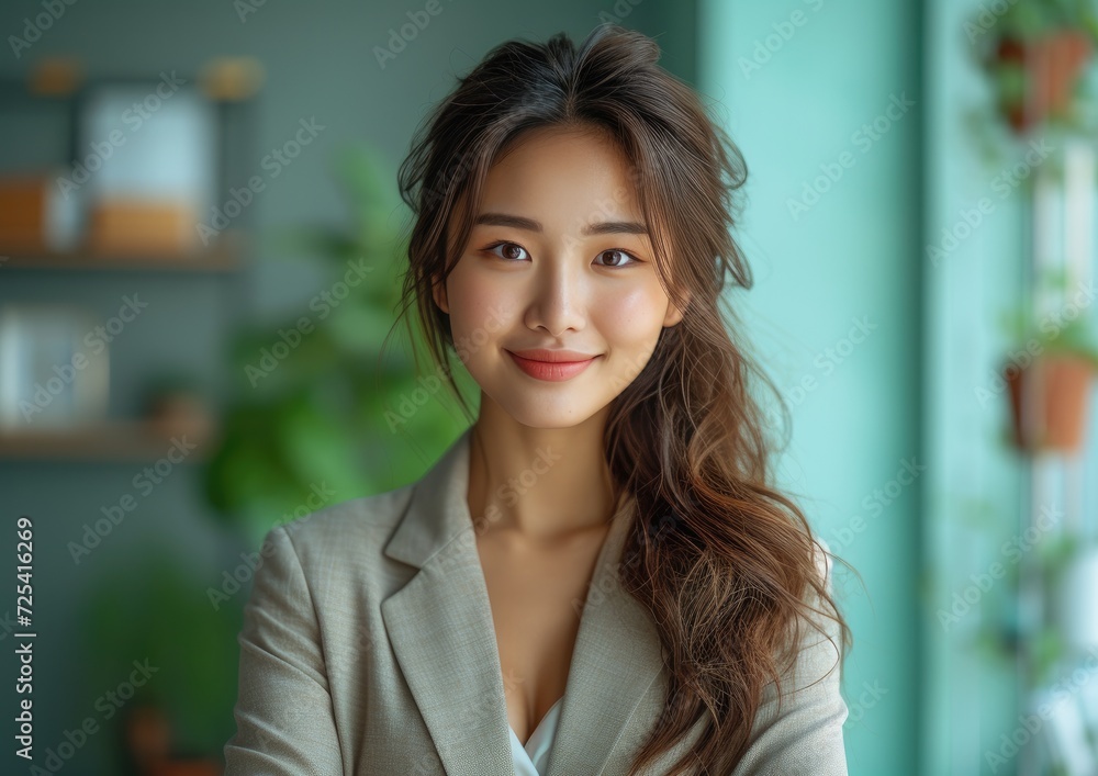 businesswoman, happy smiling Asian female, wearing suit