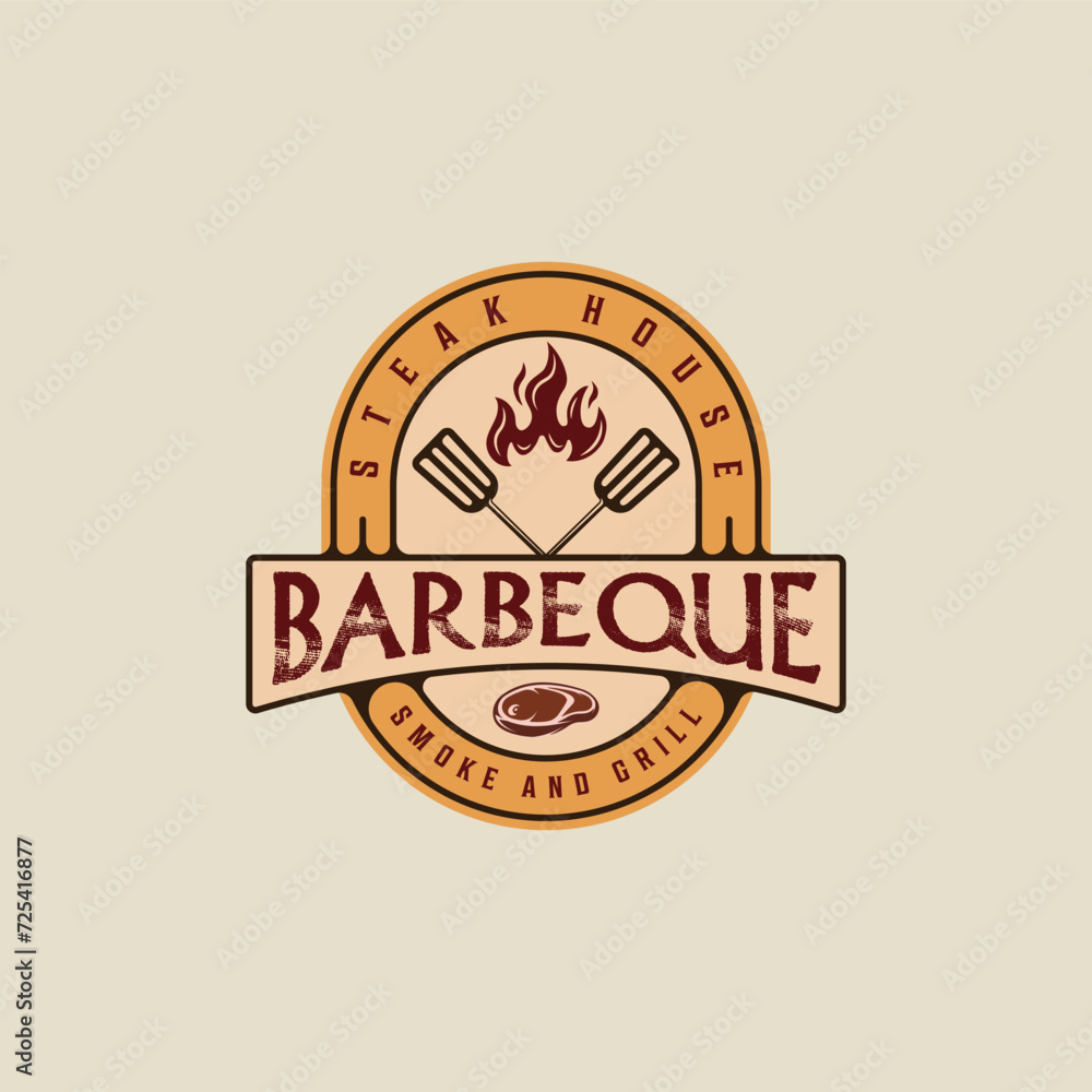 barbecue steak logo emblem vector illustration template icon graphic design. BBQ grill with flame and meat fork sign or symbol for food restaurant steak house with badge retro typography style barbecue steak logo emblem vector illustration template icon graphic design. BBQ grill with flame and meat fork sign or symbol for food restaurant steak house with badge retro typography style
