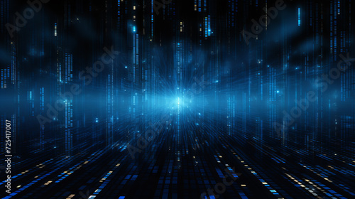 blue computer data in a large infinite space on a dark background. theme digital data