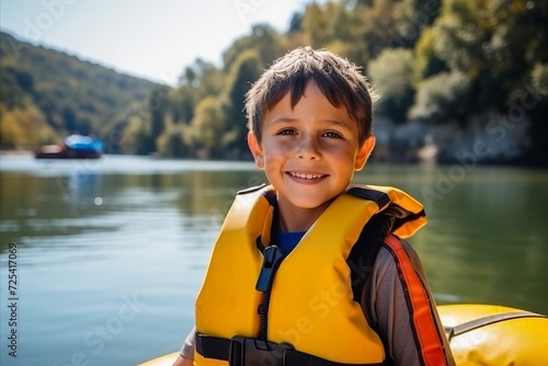 Portrait of a smiling boy in a yellow life jacket on the river © Nerea