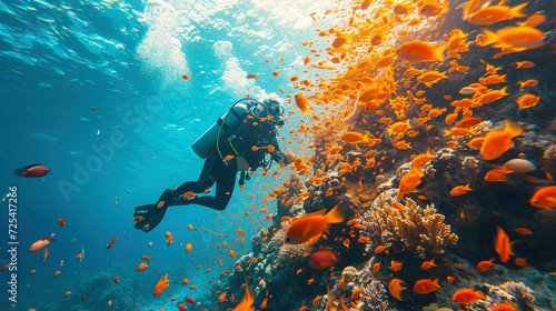 Professional Scuba Diver Exploring Adventure the Blue Ocean, Observing Fishes and Corals