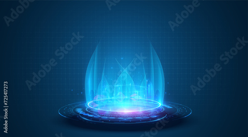 Futuristic Energy Field on Grid Background. A glowing energy shield activated on a digital grid. lue hologram portal. Magic fantasy portal. Magic circle teleport podium. Vector illustration