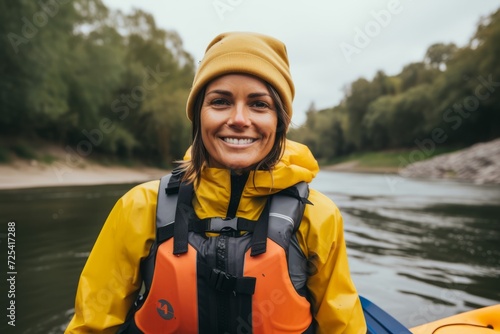 Young woman kayaking on the river in a yellow jacket and hat. © Nerea