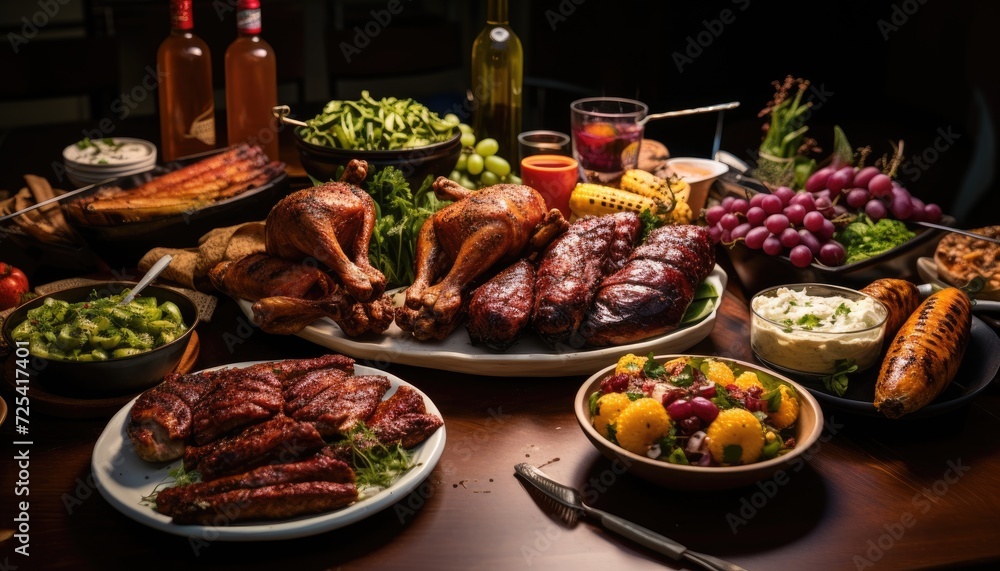 A Table Full of Food Including Meat and Vegetables