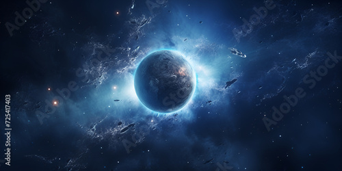 Utilize a dark blue galaxy filled with stars as a backdrop for astronomy, A blue planet with the sun behind it,

