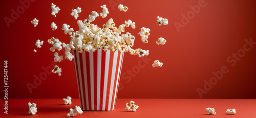 Striped paper bag with popcorn flying around on a red background. Movie and cinema concept banner with copy space. © Denis
