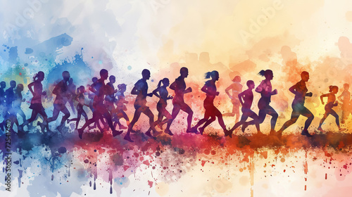 Silhouette of people running together in city marathon on road for national sports day background - AI Generated Abstract Art 
