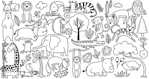 linear vector children s illustration set of cute forest animals.
