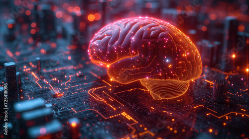 Human brain hologram embedded on microchip circuit symbolizes futuristic innovation