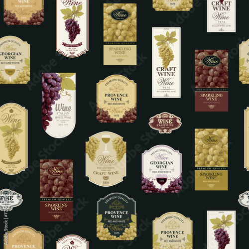 Seamless pattern with ornate wine labels in retro style. Repeating vector background on the theme of wine and wineries. Suitable for vintage Wallpaper, wrapping paper, fabric