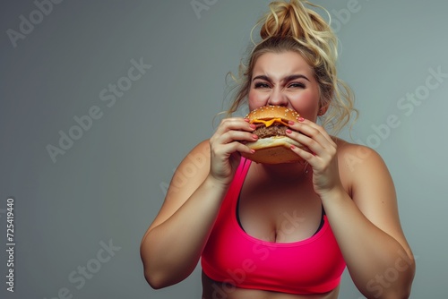 Studio photo of a gorgeous curvy plus-size young woman in fitness clothes eating a delicious burger photo