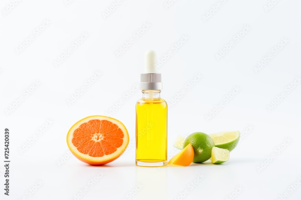 a dropper serum bottle with a citrus fruit beside it on a white surface a dropper serum bottle with a citrus fruit beside it on a white surface