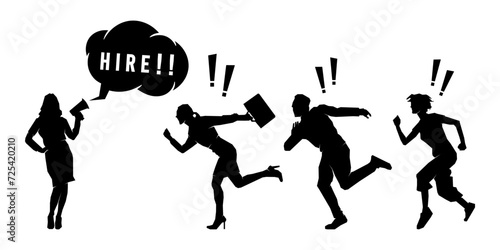 Business woman with megaphone announce job vacancy hire recruitment. Job seekers employee vector silhouette concept