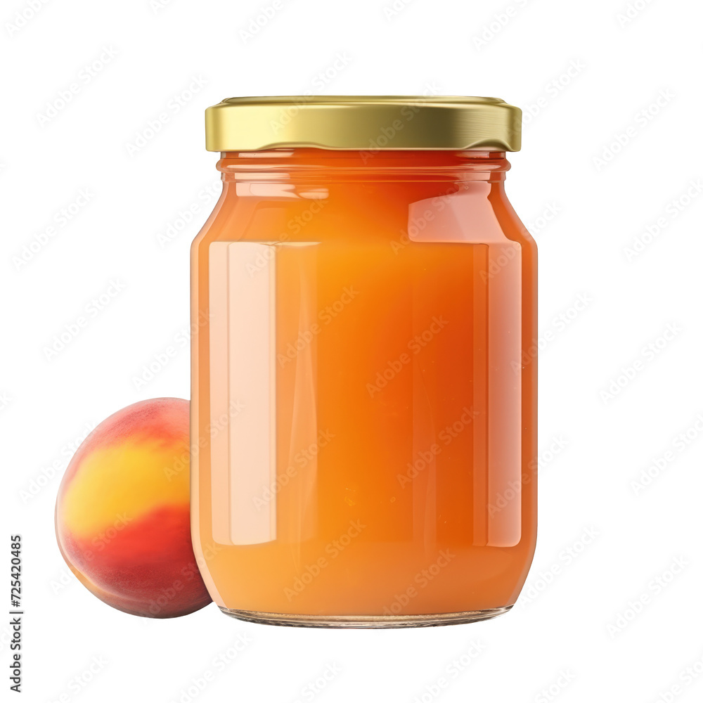 Blank peach jam jar without label near a peach isolated on a cut out PNG transparent background Blank peach jam jar without label near a peach isolated on a cut out PNG transparent background