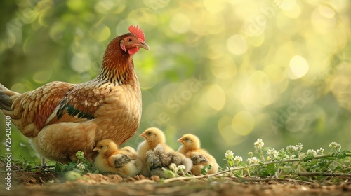 Cute picture of the hen guarding the little chicks. Generative AI © Dvid