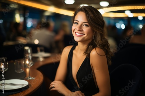 Portrait of a beautiful young woman sitting in a restaurant and smiling © Nerea