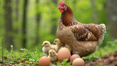 Cute picture of the hen guarding the little chicks. Generative AI