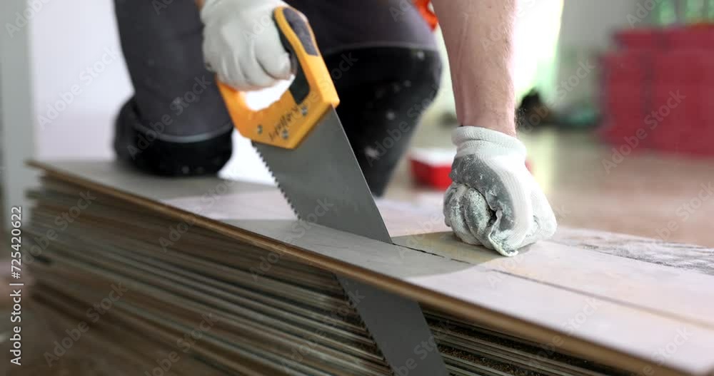 Working master cutting piece of laminate using hand saw. Measurement and cutting flooring Working master cutting piece of laminate using hand saw. Measurement and cutting flooring
