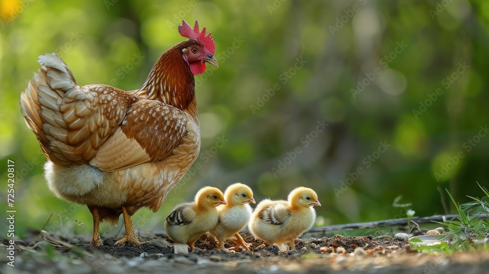 Fototapeta premium Cute picture of the hen guarding the little chicks. Generative AI
