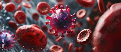 Human T-lymphotropic Virus (HTLV) in a Blood Cell Environment, Stealth and Impact on Immune System Highlighted in Color.
 photo