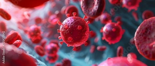 Human T-lymphotropic Virus (HTLV) in a Blood Cell Environment, Stealth and Impact on Immune System Highlighted in Color.
 photo