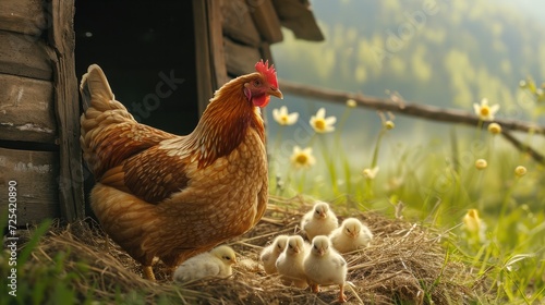 Cute picture of the hen guarding the little chicks. Generative AI