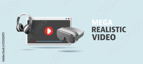 Video display, virtual reality glasses, headphones. 3D. Design concepts of new video technologies, reality, image quality, presence effect. New gadgets. Vector