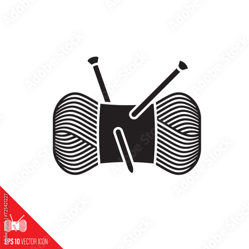 Bundle of wool yarn with knitting needles vector glyph icon