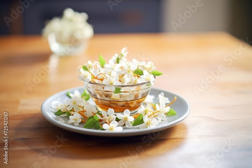 arranging jasmine flowers on asian dessert plate