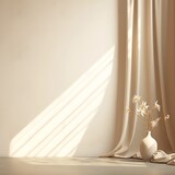 empty beige wall with a curtain fragment and a floor vase, copy space