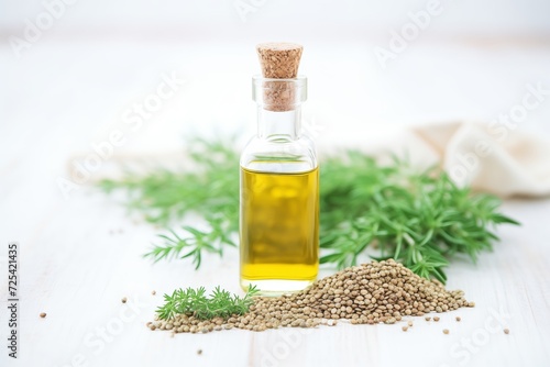 hemp seed oil in a green glass bottle with hemp plants