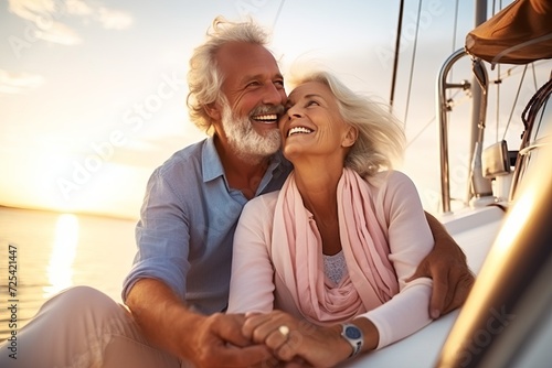 a couple of active happy pensioners is relaxing on a yacht. Luxury vacation for a loving couple age 60 plus