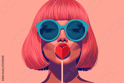 Girl with pink hair and blue glasses eats a heart-shaped lollipop. Valentine's card. Generative AI