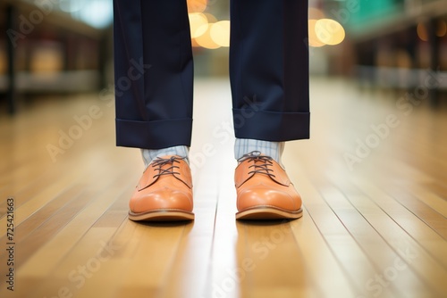 closeup of businessmans shoes as he makes a bowling step photo
