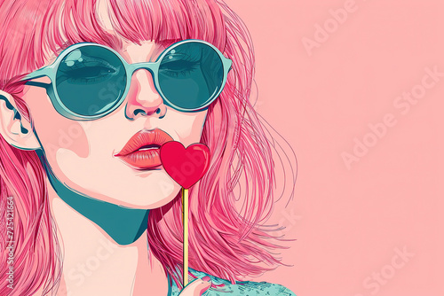 Girl with pink hair and blue glasses eats a heart-shaped lollipop. Valentine's card. Generative AI