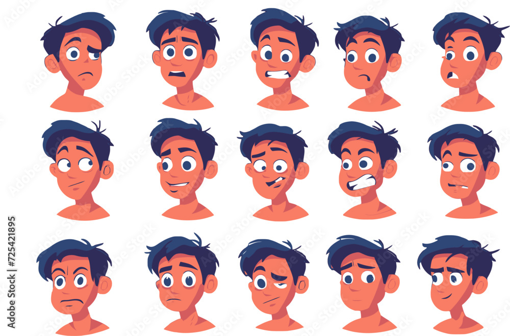 Man character face with sad, happy and angry facial expression. Male avatar with different emotions, smile, upset, surprise, anger, laugh and wink, vector cartoon set Man character face with sad, happy and angry facial expression. Male avatar with different emotions, smile, upset, surprise, anger, laugh and wink, vector cartoon set