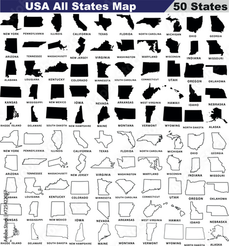 USA 50 States Map, Outline Boundary, educational tool. Clear representation, individual states isolated for easy identification, learning. Perfect for educational materials, travel graphics.