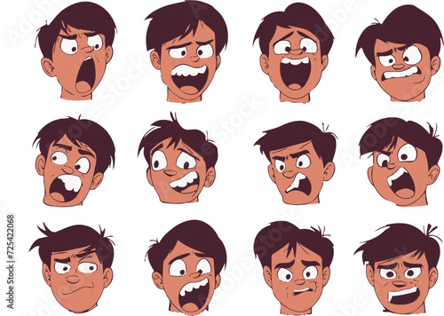 Man character face with sad, happy and angry facial expression. Male avatar with different emotions, smile, upset, surprise, anger, laugh and wink, vector cartoon set