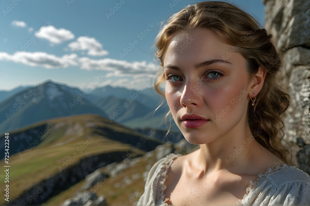 Stunning Closeup of a Young Irish Woman with a Beautiful View of the Mountains and Valleys Generative AI Stunning Closeup of a Young Irish Woman with a Beautiful View of the Mountains and Valleys Generative AI