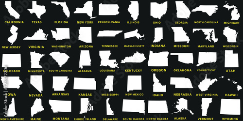 United States map collection, white silhouettes on black background. Geography, cartography theme, California, Texas, Florida, New York, Pennsylvania, Illinois, Ohio, Georgia, North Carolina, Michigan
