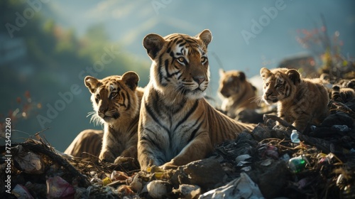 Tiger with cubs on littered ground, highlighting environmental issues